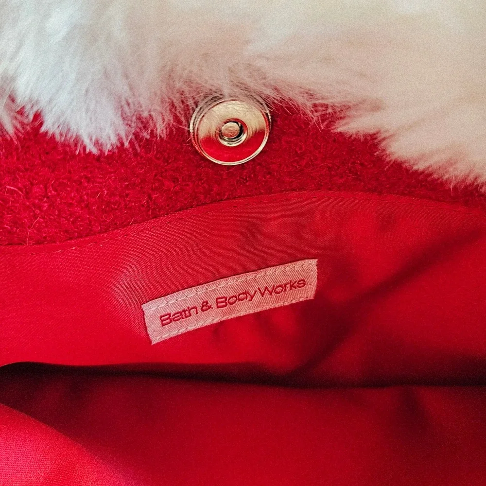 Bath Body Works Womens Red White Faux Fur Pom Pom Holiday Tote Bag Small Festive